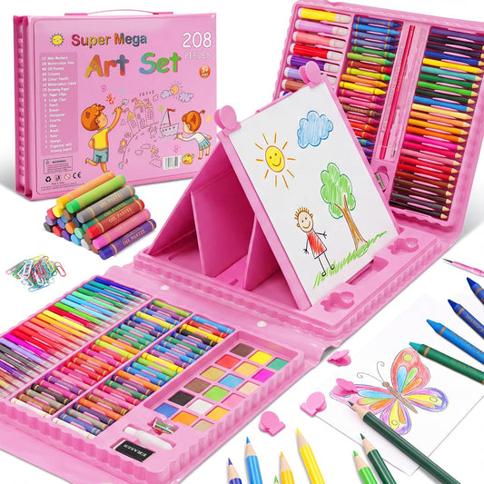 208PCS Art Set for Kids, Drawing Colouring Supplies with Double-Sided Trifold Easel, Colour Pencils, Watercolour Pens, Oil Pastels & Sketching Kit