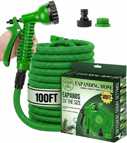 100ft/30m Expanding Hose Flex Stretch Garden Pipe Heavy Duty + Water Spray Gun